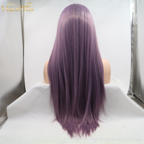 Vigorous mono long purple premium high quality straight wholesale black women synthetic hair wigs with lace front